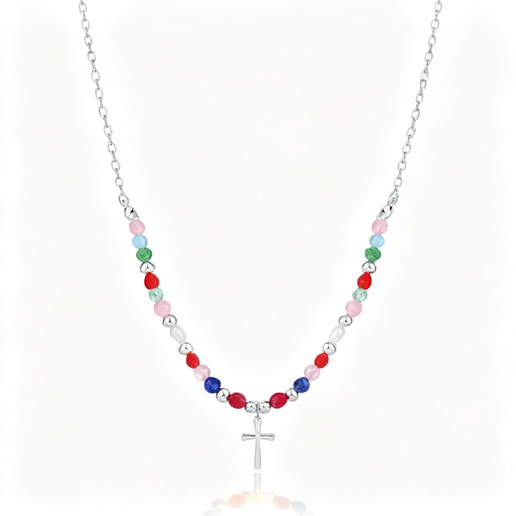 Beaded Cross Pendant Necklace in Gold or Silver – Women’s Colourful Vintage Jewellery