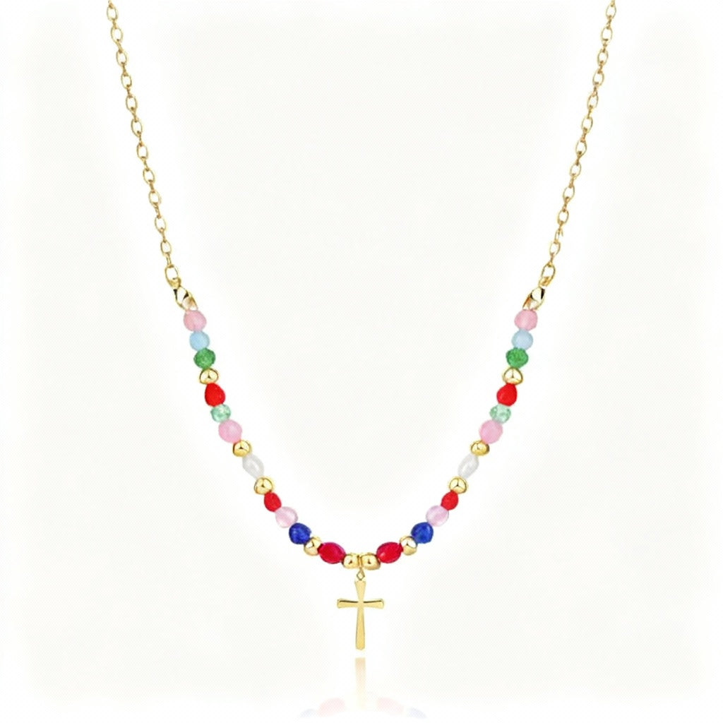 Beaded Cross Pendant Necklace in Gold or Silver – Women’s Colourful Vintage Jewellery