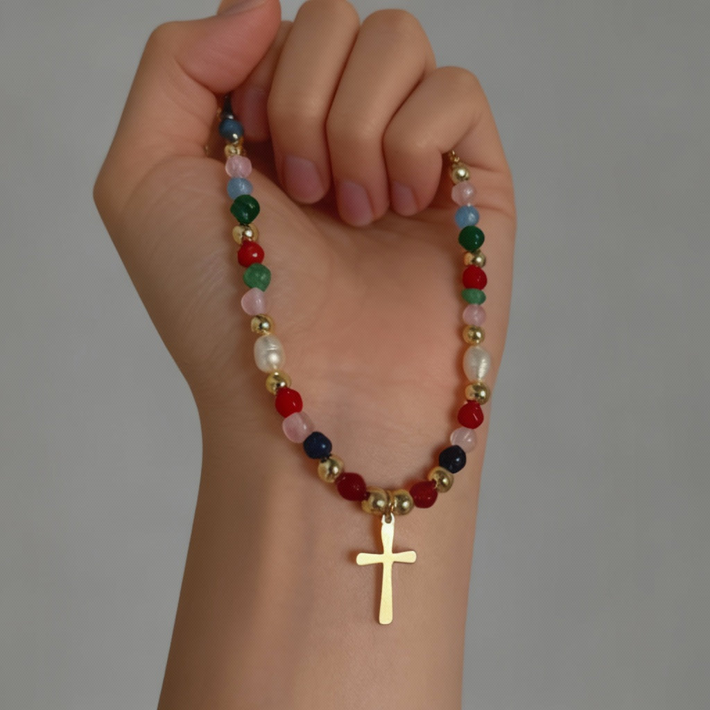 Beaded Cross Pendant Necklace in Gold or Silver – Women’s Colourful Vintage Jewellery