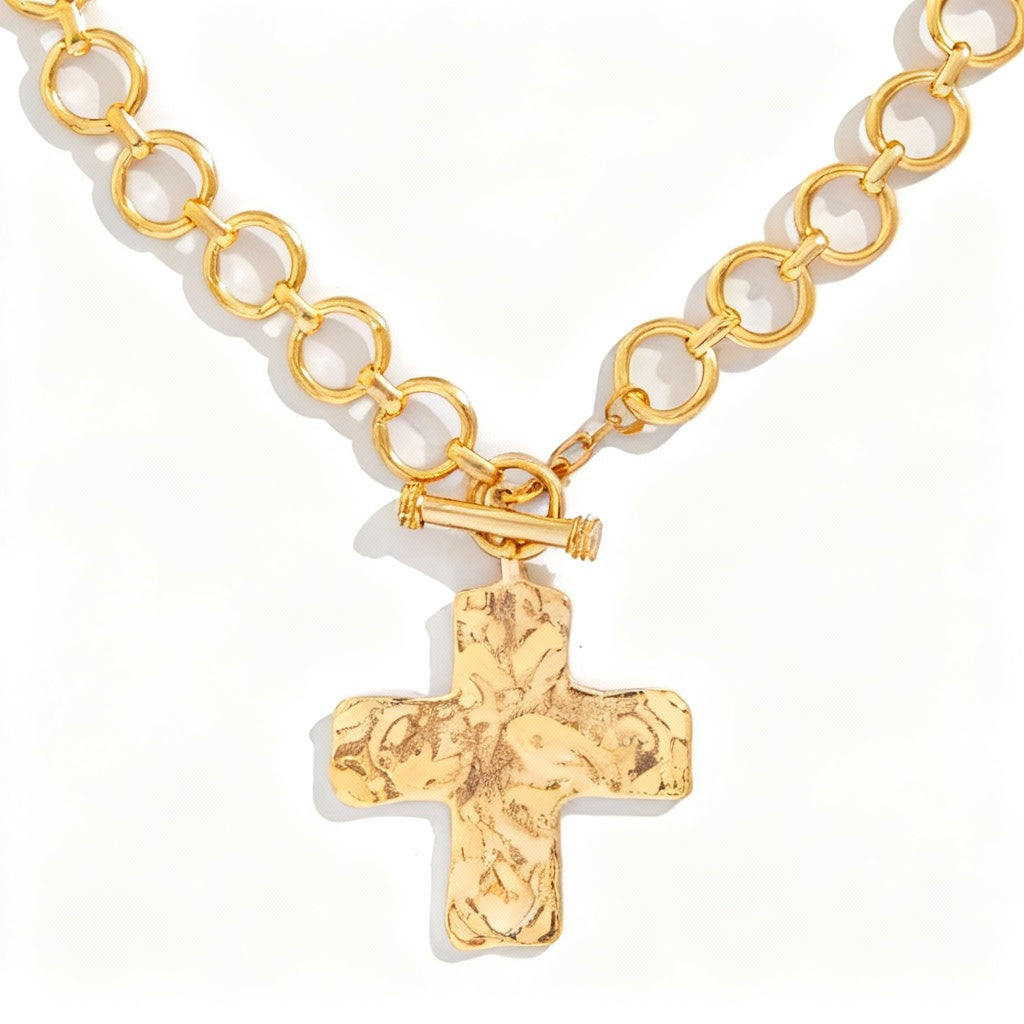 Chunky Hammered Cross Pendant Necklace – Women’s Vintage Chain Jewellery