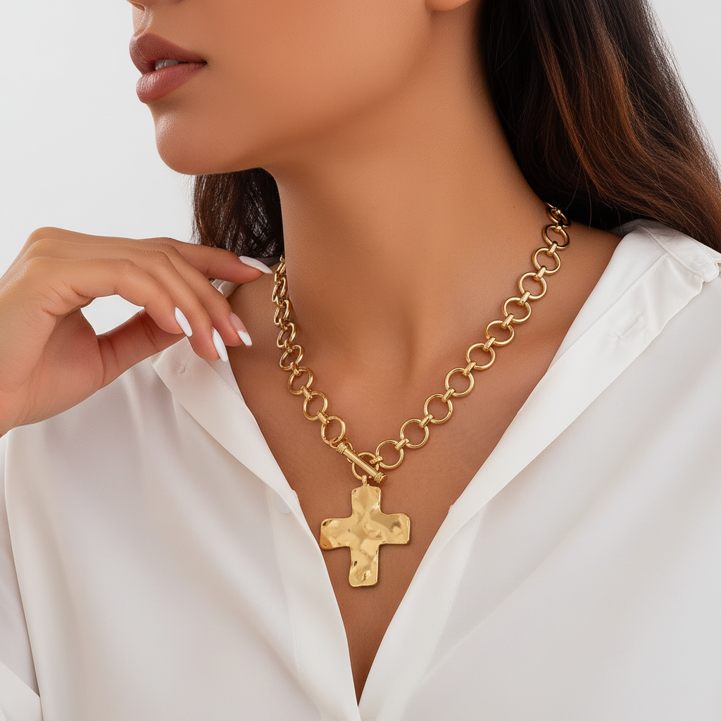 Chunky Hammered Cross Pendant Necklace – Women’s Vintage Chain Jewellery