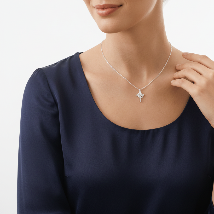 Elegant Cross Pendant Necklace with Zircon Stones – Women’s Classic Jewellery