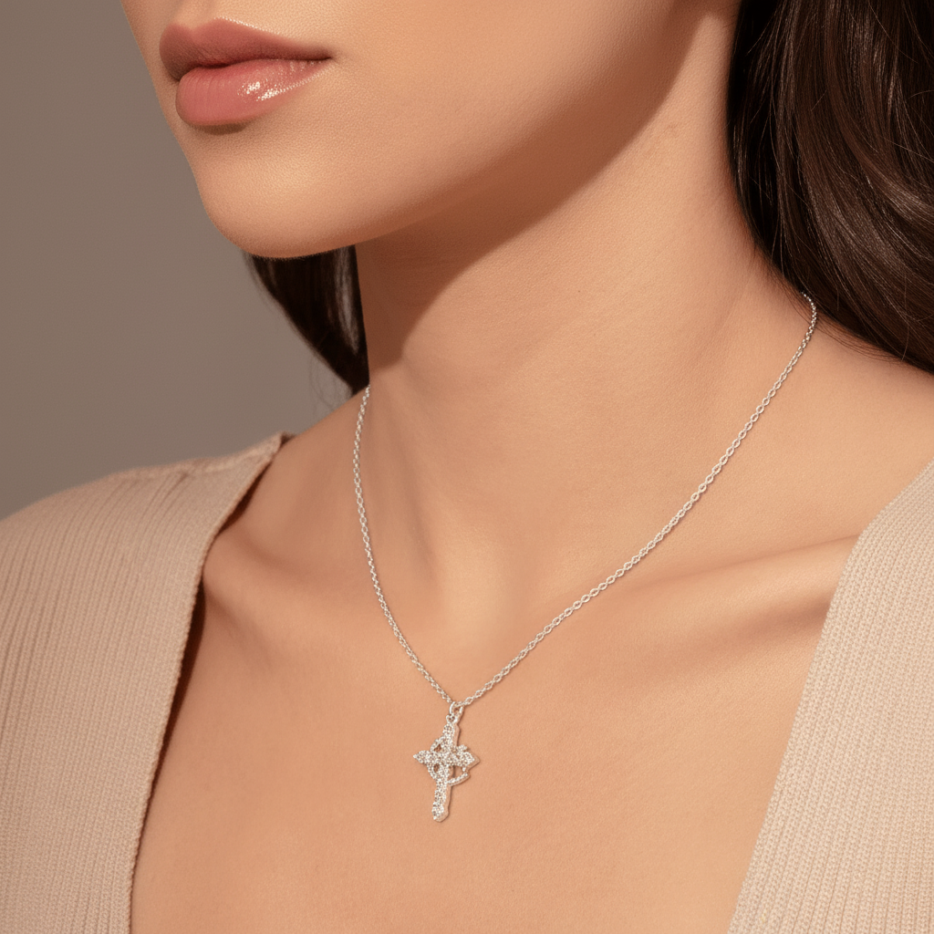 Elegant Cross Pendant Necklace with Zircon Stones – Women’s Classic Jewellery