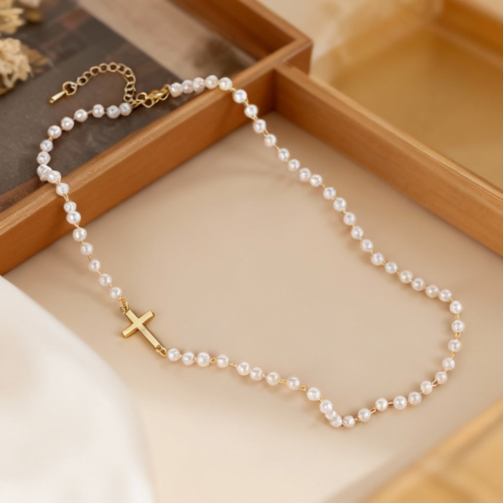 Elegant Pearl Necklace with Side Cross Pendant – Women’s Classic Jewellery