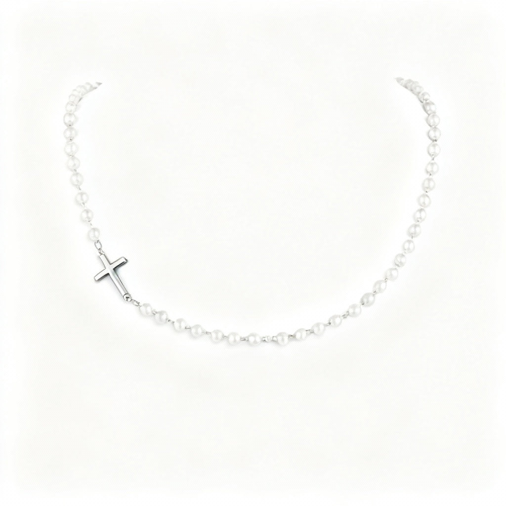 Elegant Pearl Necklace with Side Cross Pendant – Women’s Classic Jewellery