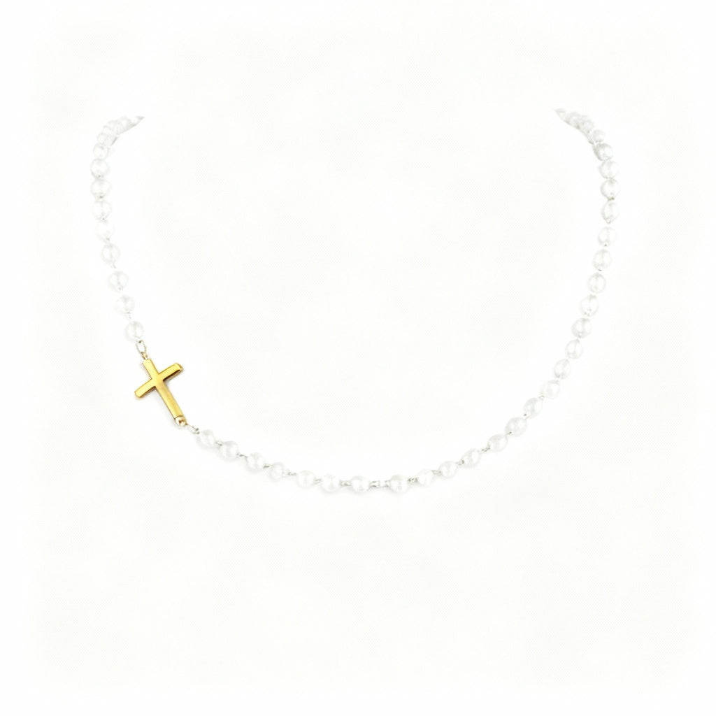 Elegant Pearl Necklace with Side Cross Pendant – Women’s Classic Jewellery