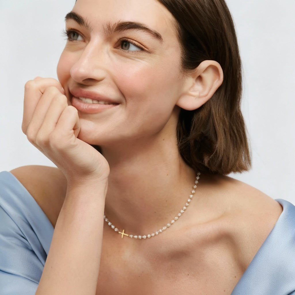 Elegant Pearl Necklace with Side Cross Pendant – Women’s Classic Jewellery