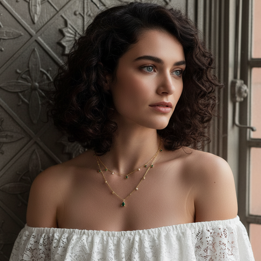 Gold Link Necklace with Green Teardrop Pendant – Women’s Trendy Jewellery