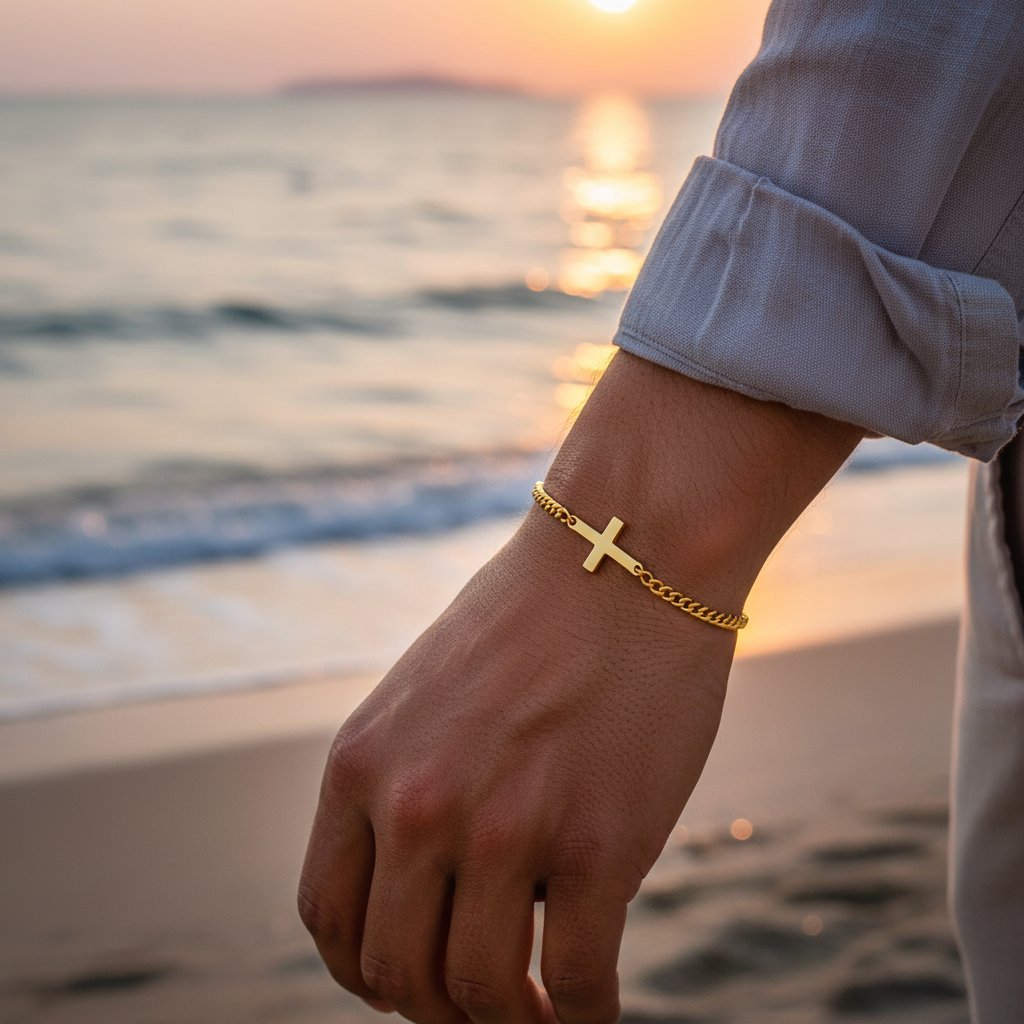 Men’s Gold Stainless Steel Cross Chain Bracelet – Minimalist Link Design