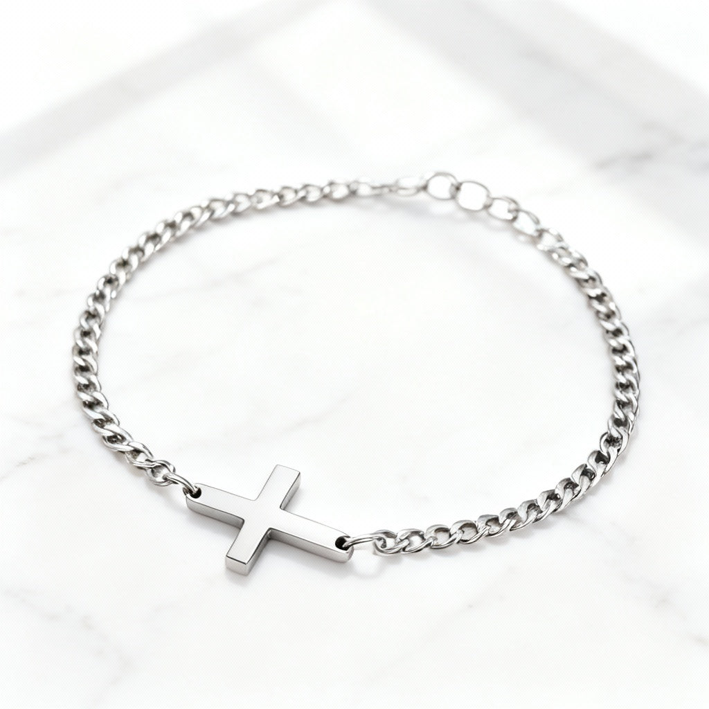 Men’s Stainless Steel Cross Chain Bracelet – Minimalist Silver Link Design