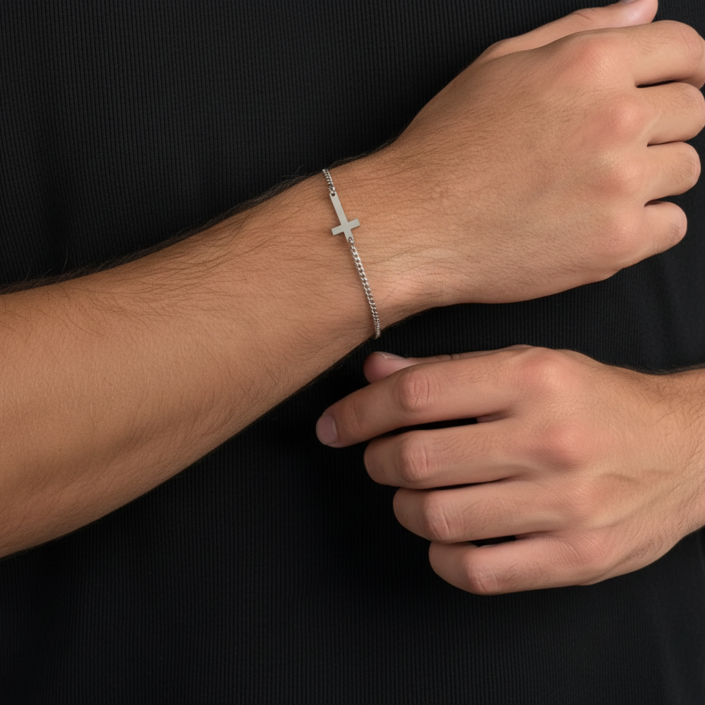 Men’s Stainless Steel Cross Chain Bracelet – Minimalist Silver Link Design
