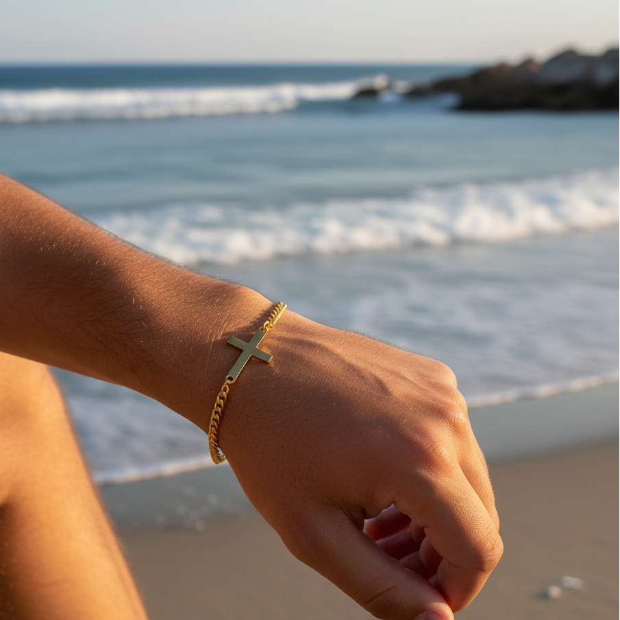 Men’s Gold Stainless Steel Cross Chain Bracelet – Minimalist Link Design
