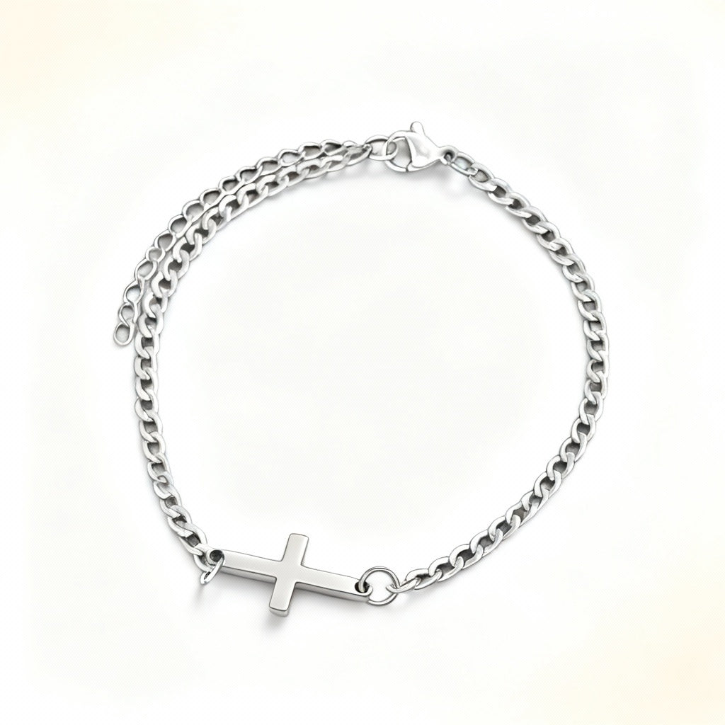 Men’s Stainless Steel Cross Chain Bracelet – Minimalist Silver Link Design