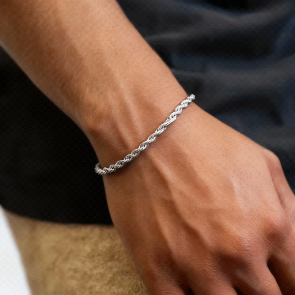 Men’s Silver Stainless Steel Rope Chain Bracelet – Classic Twisted Design